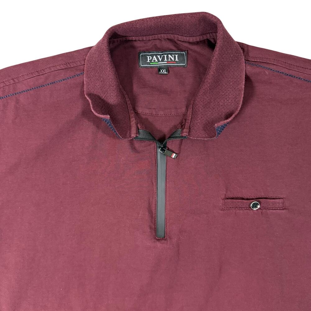 Pavini Polo Shirt Mens XXL Burgundy Quarter Zip Casual Short Sleeve Golf